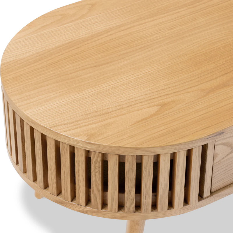 Suryavanshi Mid-Century Modern Oval Coffee Table with Storage Drawer, Natural Mango Wood, Slatted Design | Stylish Living Room Centerpiece