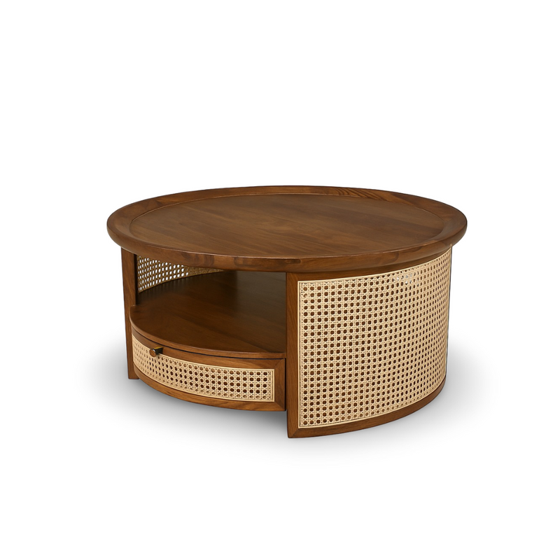Retreat Sheesham Wood Round Coffee Table with Cane Webbing & Hidden Storage Drawers (Honey Finish)