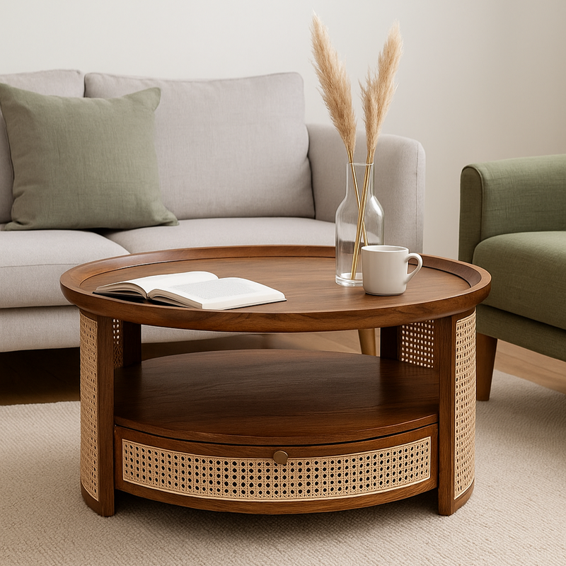 Retreat Sheesham Wood Round Coffee Table with Cane Webbing & Hidden Storage Drawers (Honey Finish)