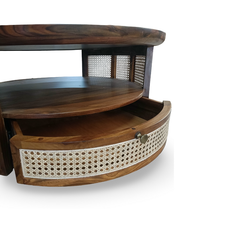 Retreat Sheesham Wood Round Coffee Table with Cane Webbing & Hidden Storage Drawers (Honey Finish)