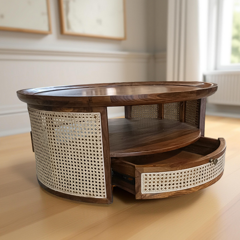 Suryavanshi Solid Sheesham Wood Round Coffee Table with Cane Webbing & Hidden Storage Drawers | Natural Finish Center Table for Living Room