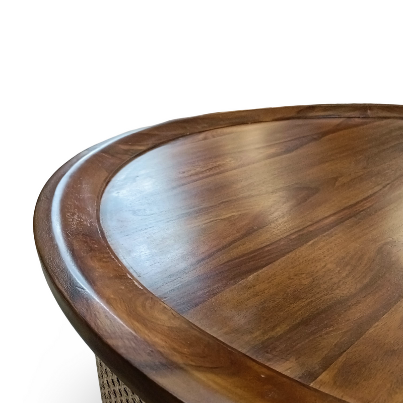 Retreat Sheesham Wood Round Coffee Table with Cane Webbing & Hidden Storage Drawers (Honey Finish)