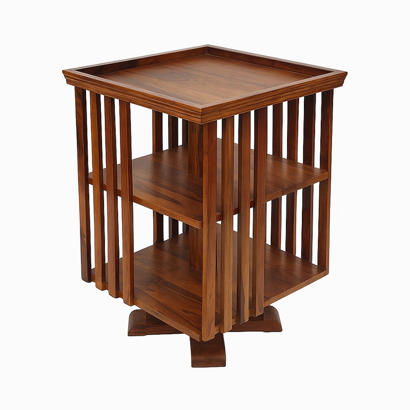 Solid Sheesham Wood Rotating Bookshelf for Living Room | 360° Swivel Book Rack with 2-Tier Storage & Open Shelf Design | Wooden Display Stand for Home & Office (Walnut Finish)