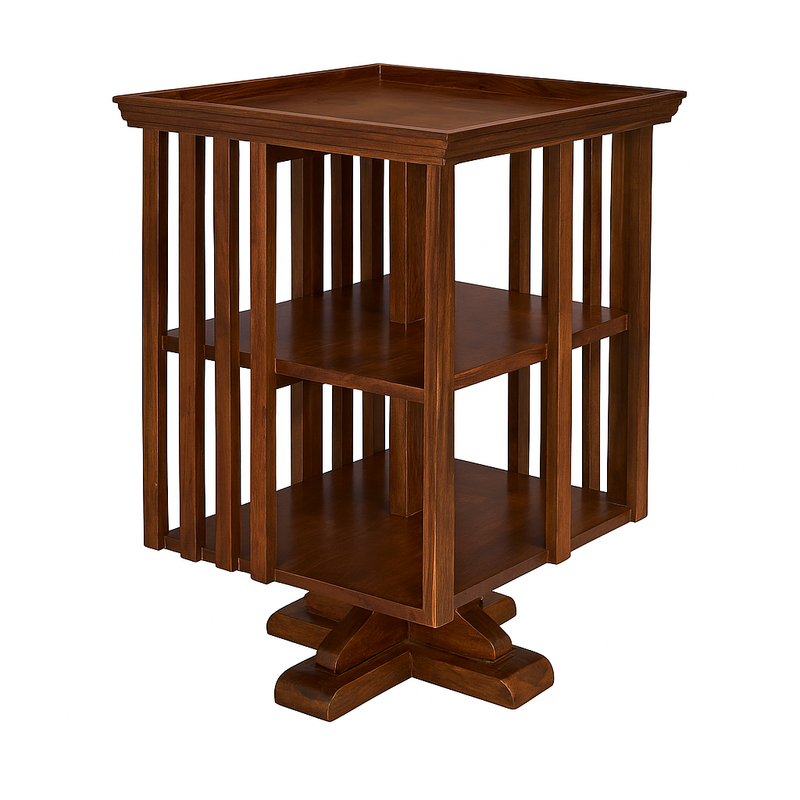 Solid Sheesham Wood Rotating Bookshelf for Living Room | 360° Swivel Book Rack with 2-Tier Storage & Open Shelf Design | Wooden Display Stand for Home & Office (Walnut Finish)