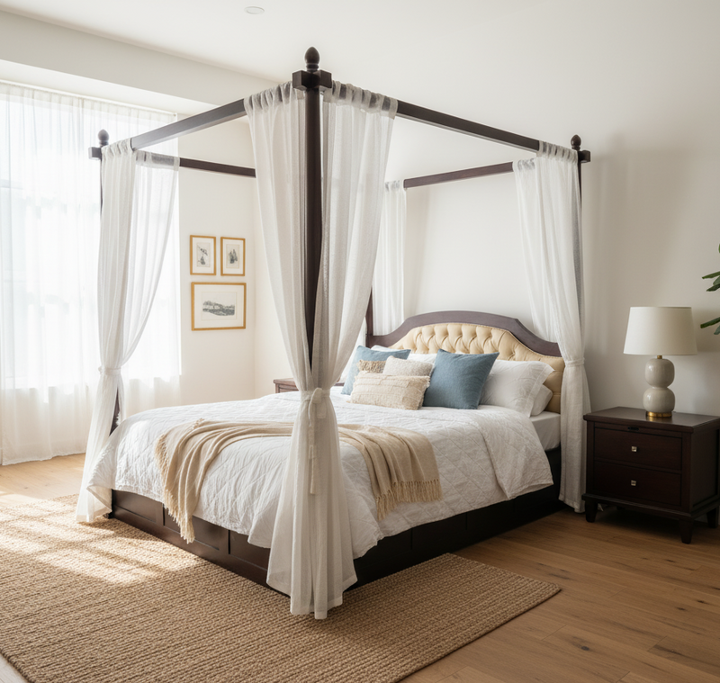 Suryavanshi Sheesham Wood King Size Poster Bed: Regal Design and Plush Comfort