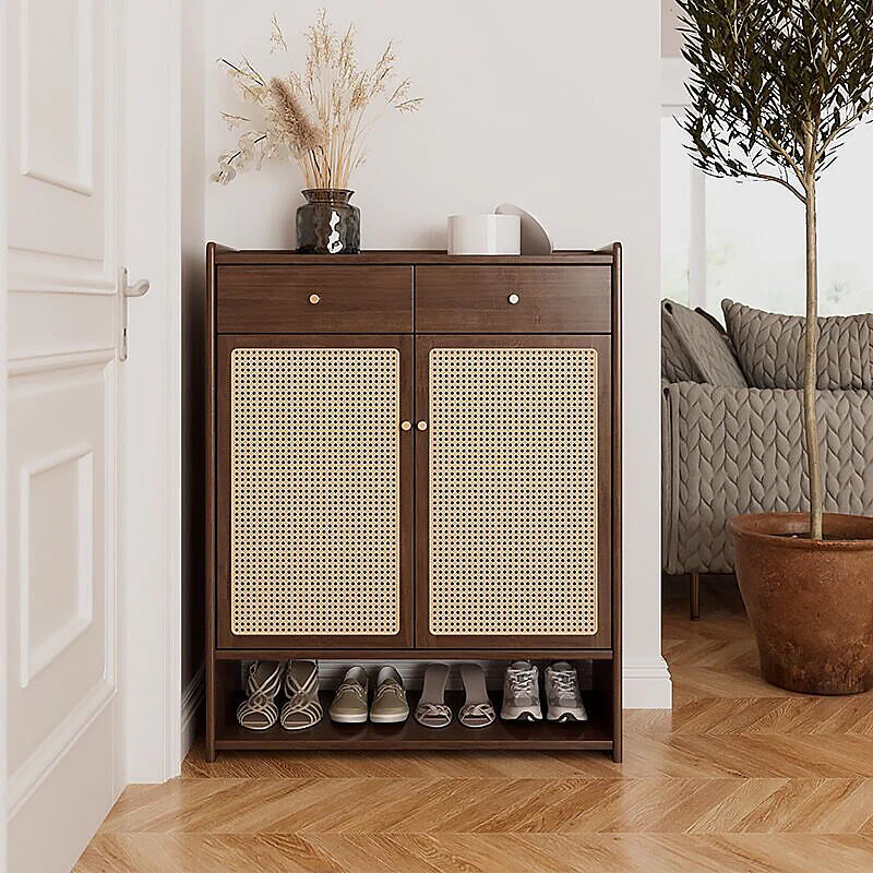 Suryavanshi Wooden Shoe Cabinet with Cane Webbing Doors, 2 Drawers, Open Shelf, Sheesham Wood