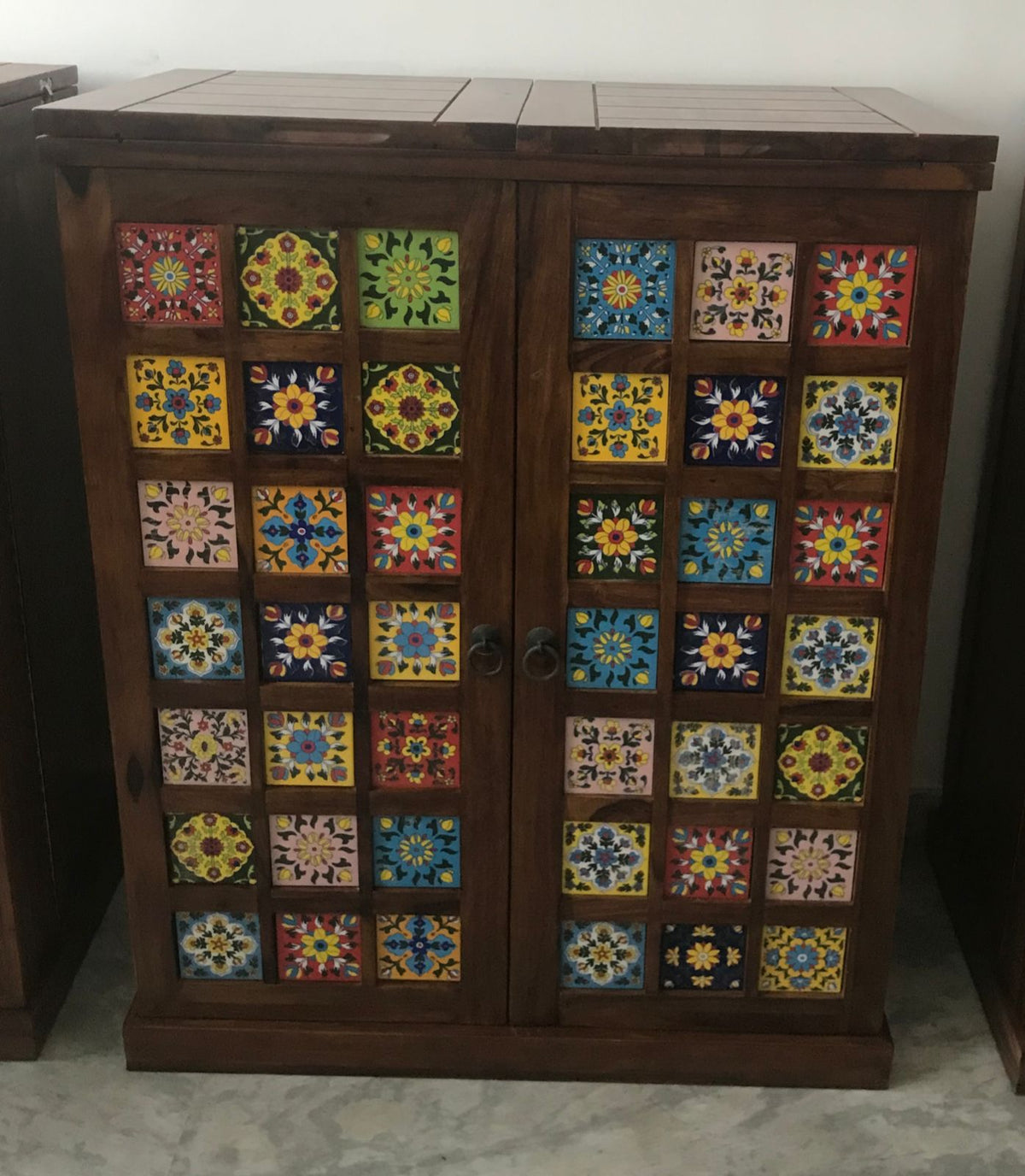 Exquisite Suryavanshi Sheesham Wood Bar Cabinet with Pottery Tile Accents