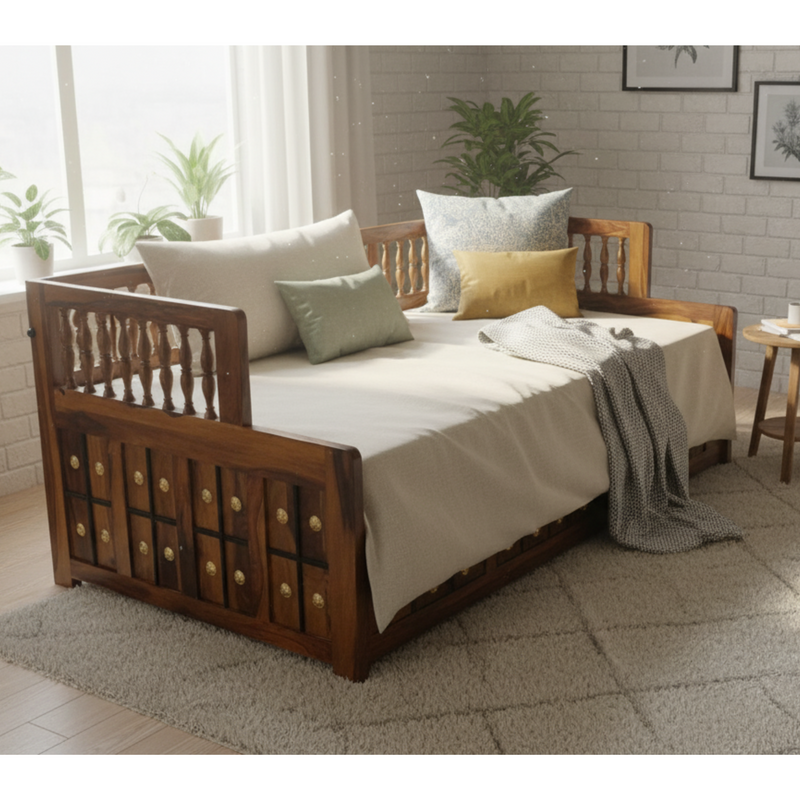 Suryavanshi Sheesham Wood Diwan Bed with Box Storage – Brass Work (W188 x D97 x H59 cm)