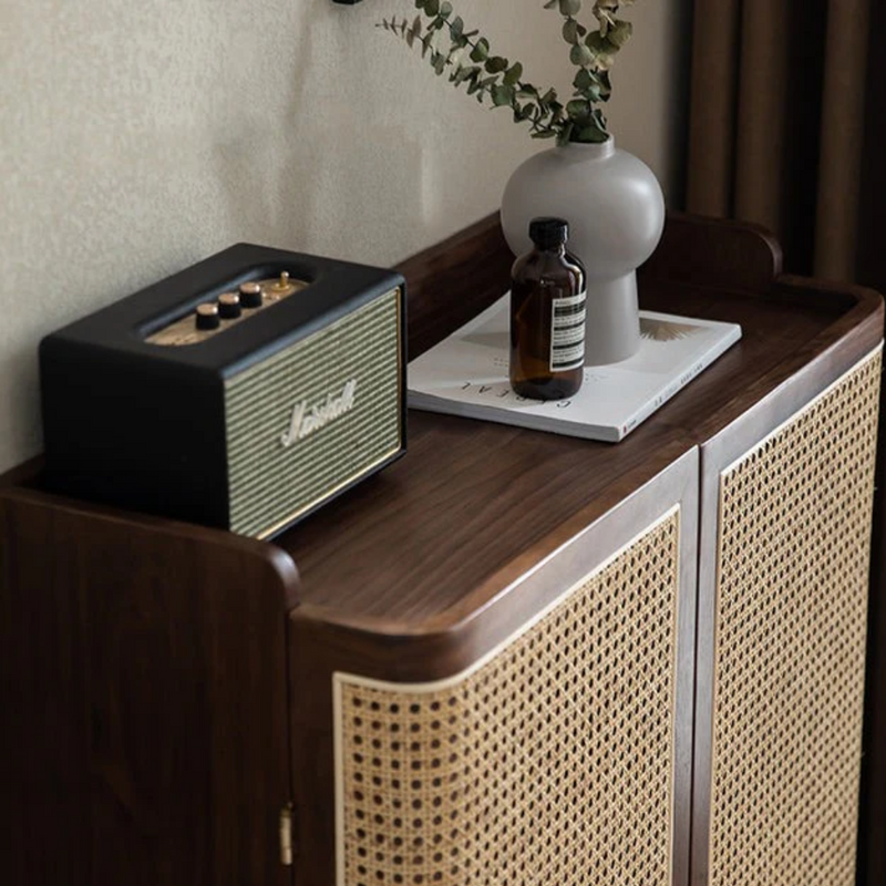 Nismaya Sheesham Wooden Cane Door Shoe Cabinet – Modern Storage Cupboard with Natural Rattan Design