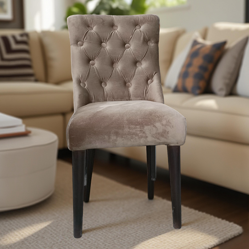 Velvet Upholstered Dining Chair with Button Tufted Backrest – Elegant Accent Chair with Solid Wood Legs for Living Room, Dining Room, or Bedroom – Beige