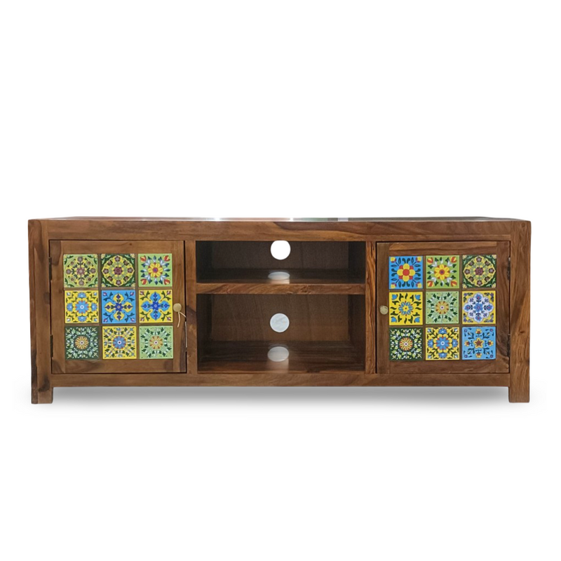 Suryavanshi Wooden TV Cabinet with Ceramic Tile Design, 2 Storage Doors, 2 Shelves, (161L x 40W x 59H Centimeters Natural Finish) Brown