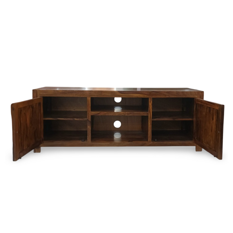 Sheesham Wood TV Cabinet with Ceramic Tile Design, 2 Storage Doors, 2 Shelves