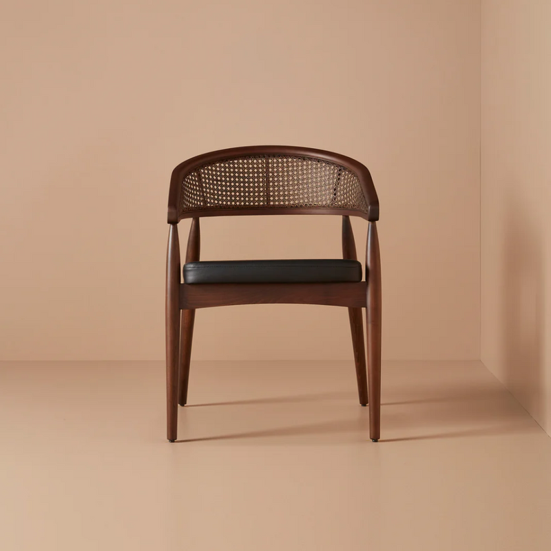 Suryavanshi Mid-Century Modern Cane Back Accent Chair in Mango Wood with Cushioned Seat | Handmade Wooden Arm Chair for Living Room & Lounge (Walnut Finish)
