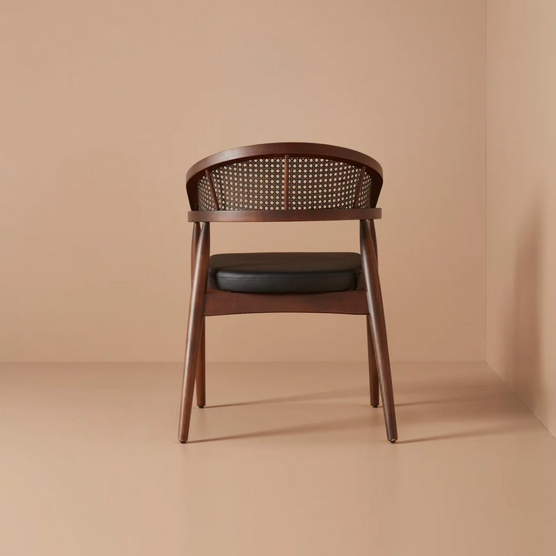 Suryavanshi Mid-Century Modern Cane Back Accent Chair in Mango Wood with Cushioned Seat | Handmade Wooden Arm Chair for Living Room & Lounge (Walnut Finish)