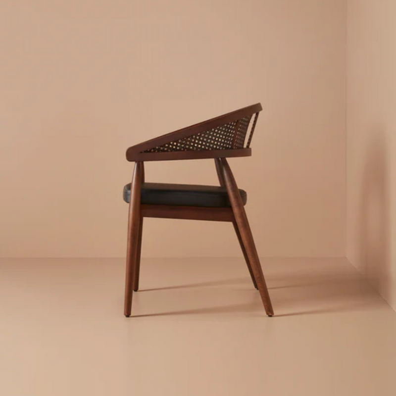 Suryavanshi Mid-Century Modern Cane Back Accent Chair in Mango Wood with Cushioned Seat | Handmade Wooden Arm Chair for Living Room & Lounge (Walnut Finish)