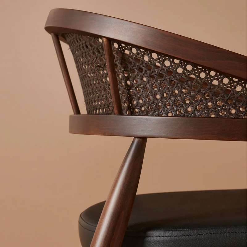 Suryavanshi Mid-Century Modern Cane Back Accent Chair in Mango Wood with Cushioned Seat | Handmade Wooden Arm Chair for Living Room & Lounge (Walnut Finish)