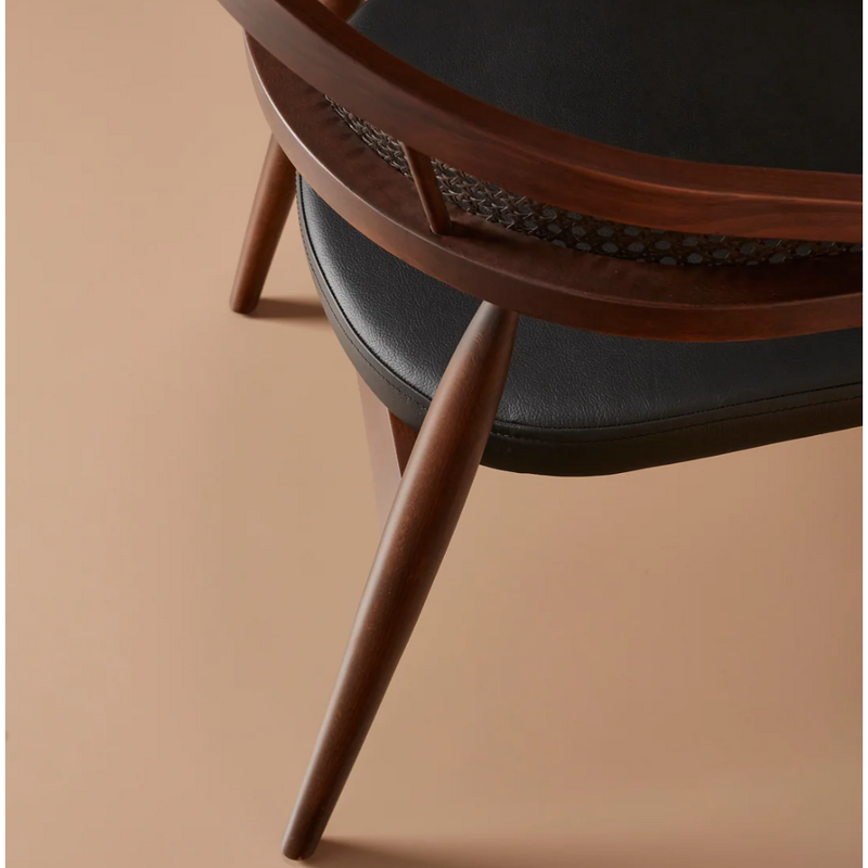 Suryavanshi Mid-Century Modern Cane Back Accent Chair in Mango Wood with Cushioned Seat | Handmade Wooden Arm Chair for Living Room & Lounge (Walnut Finish)