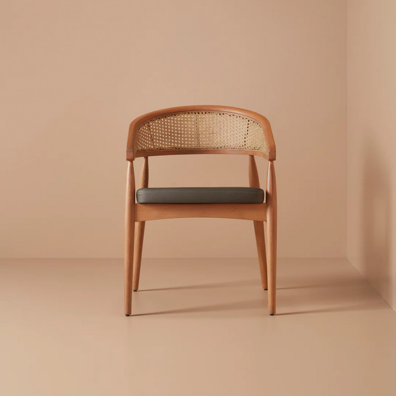 Suryavanshi Mid-Century Modern Cane Back Accent Chair in Mango Wood with Cushioned Seat | Handmade Wooden Arm Chair for Living Room & Lounge (Walnut Finish)