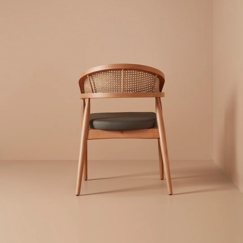 Suryavanshi Mid-Century Modern Cane Back Accent Chair in Mango Wood with Cushioned Seat | Handmade Wooden Arm Chair for Living Room & Lounge (Walnut Finish)