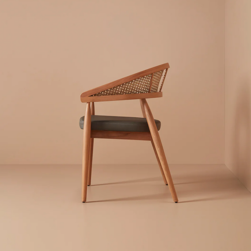 Suryavanshi Mid-Century Modern Cane Back Accent Chair in Mango Wood with Cushioned Seat | Handmade Wooden Arm Chair for Living Room & Lounge (Walnut Finish)