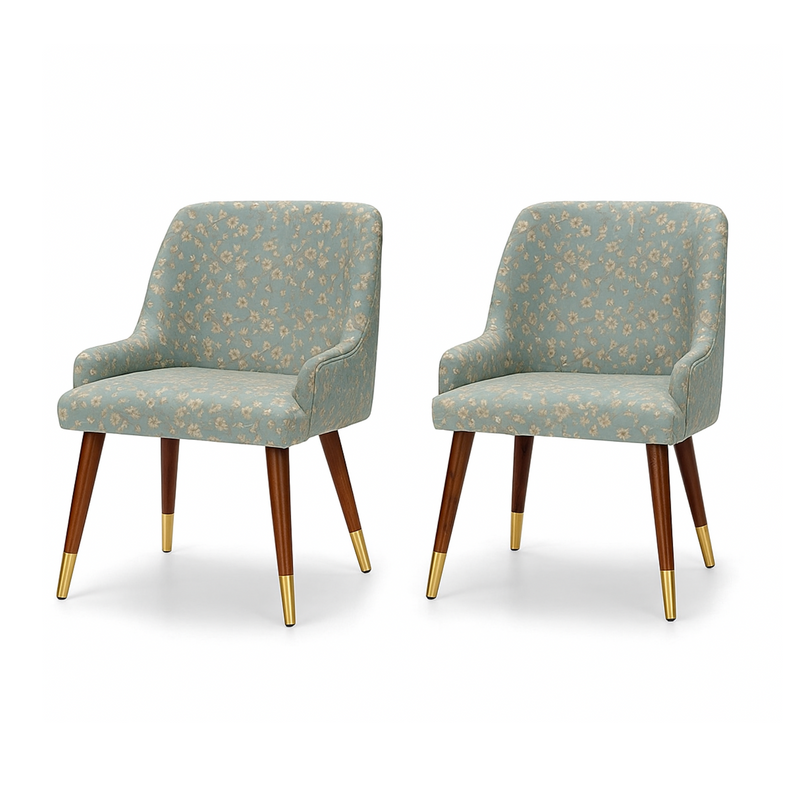 Suryavanshi Pack of 2 Floral Accent Chairs for Living Room | Mid-Century Upholstered Armchairs with Wooden Legs & Brass Caps | Fabric Lounge Chair for Bedroom, Dining, Study – Turquoise