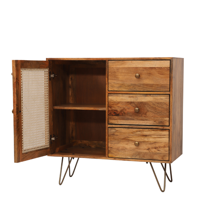 Suryavanshi Solid Wood Sideboard Cabinet with Cane 1 Door & 3Drawers Cane Sideboard and Cabinet | Sideboard for Living Room