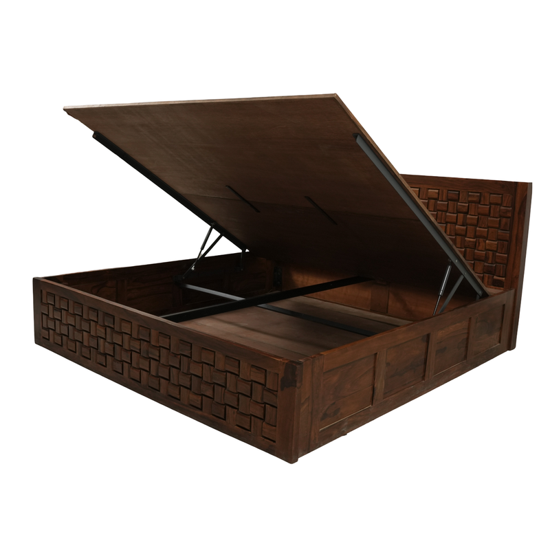 AUGHRIM Handcrafted Solid Sheesham Wood Bed with Geometric Panel Design