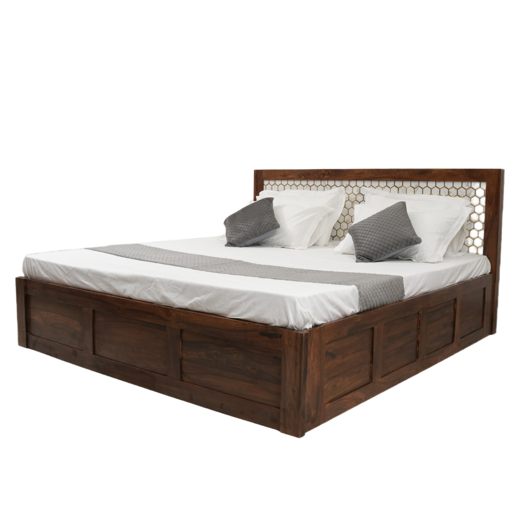 Geometric Lattice Sheesham Wood Storage Bed - King/Queen Size