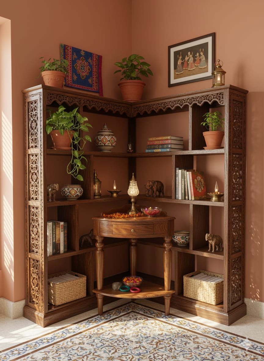 Suryavanshi Solid Sheesham Wood Corner Table with Drawer & Shelf – Honey Finish