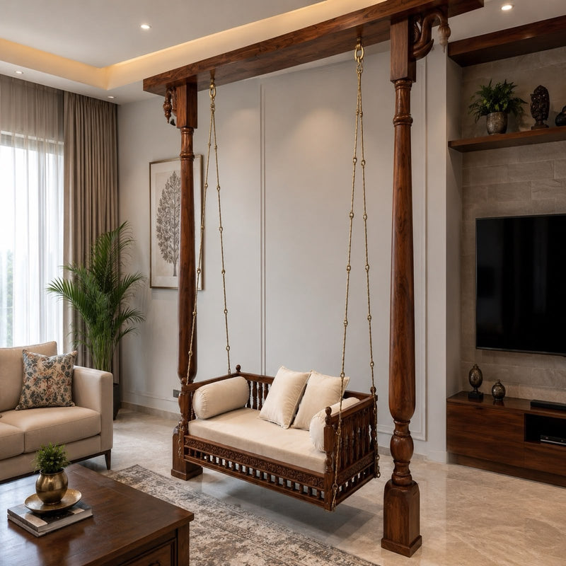 Royal Sheesham Wood Freestanding Swing with Ornate Pillar Frame & Premium Cushion Seating for Living Room, Balcony & Indoor Spaces