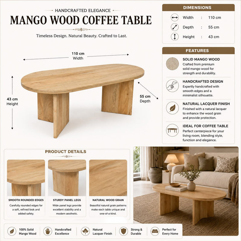 Solid Mango Wood Oval Coffee Table for Living Room
