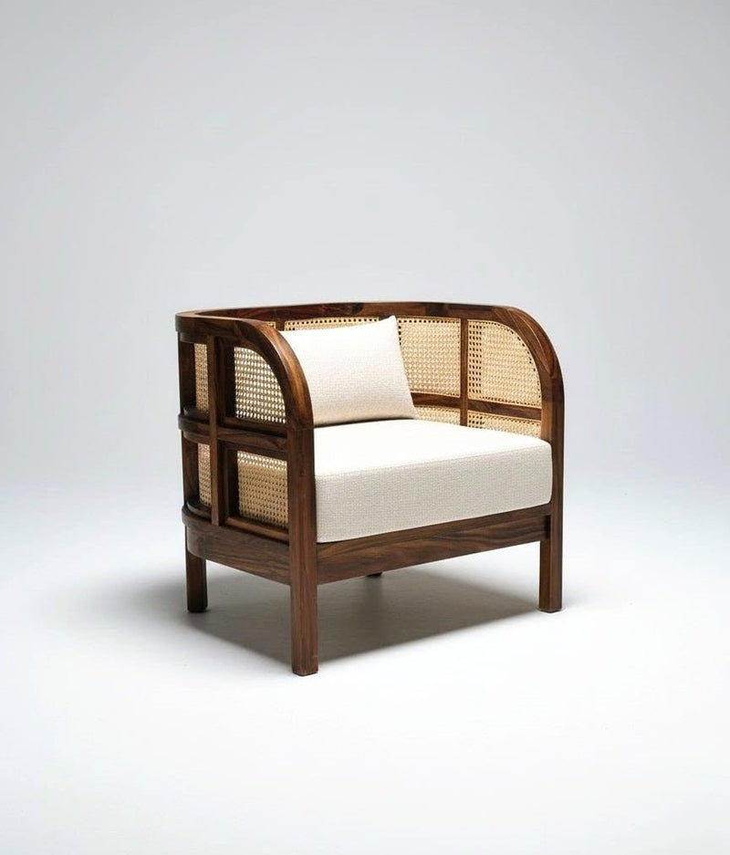 Suryavanshi BaliBreeze Cane Craft Wooden Daybed with Handwoven Rattan & Beige Cushions – Versatile Lounge & Guest Bed