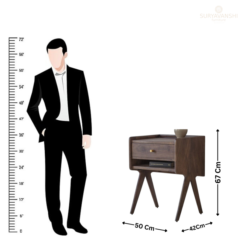 Suryavanshi Solid Sheesham Wood Bedside Table with Drawer & Open Shelf | Modern Mid-Century Nightstand for Bedroom | Walnut Finish