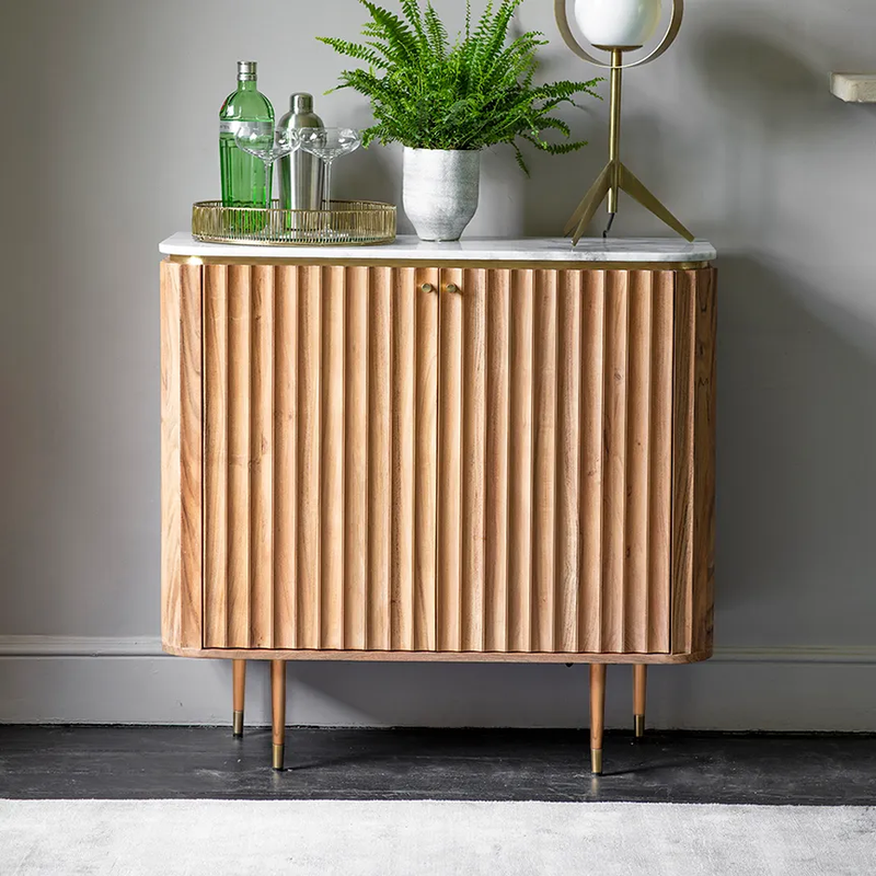 Suryavanshi Solid Wood Modern Bar Cabinet for Living Room | Black Fluted Finish with Golden Accents | Marble Top & Bottle Rack Storage | Pre-Assembled | 95×41×90 cm