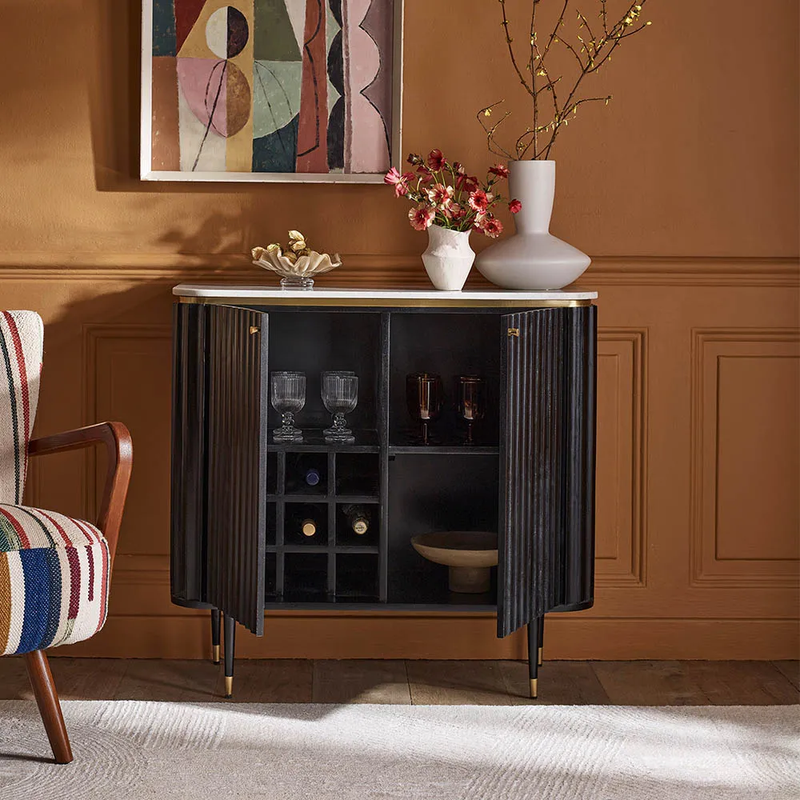Suryavanshi Solid Wood Modern Bar Cabinet for Living Room | Black Fluted Finish with Golden Accents | Marble Top & Bottle Rack Storage | Pre-Assembled | 95×41×90 cm