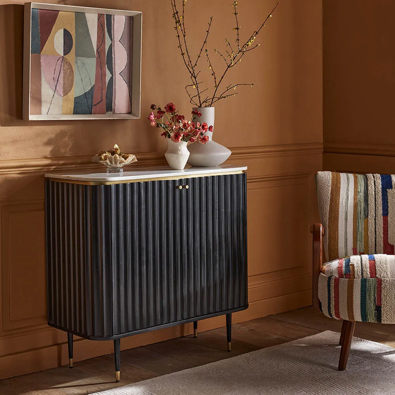 Suryavanshi Solid Wood Modern Bar Cabinet for Living Room | Black Fluted Finish with Golden Accents | Marble Top & Bottle Rack Storage | Pre-Assembled | 95×41×90 cm