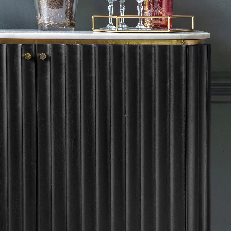 Suryavanshi Solid Wood Modern Bar Cabinet for Living Room | Black Fluted Finish with Golden Accents | Marble Top & Bottle Rack Storage | Pre-Assembled | 95×41×90 cm