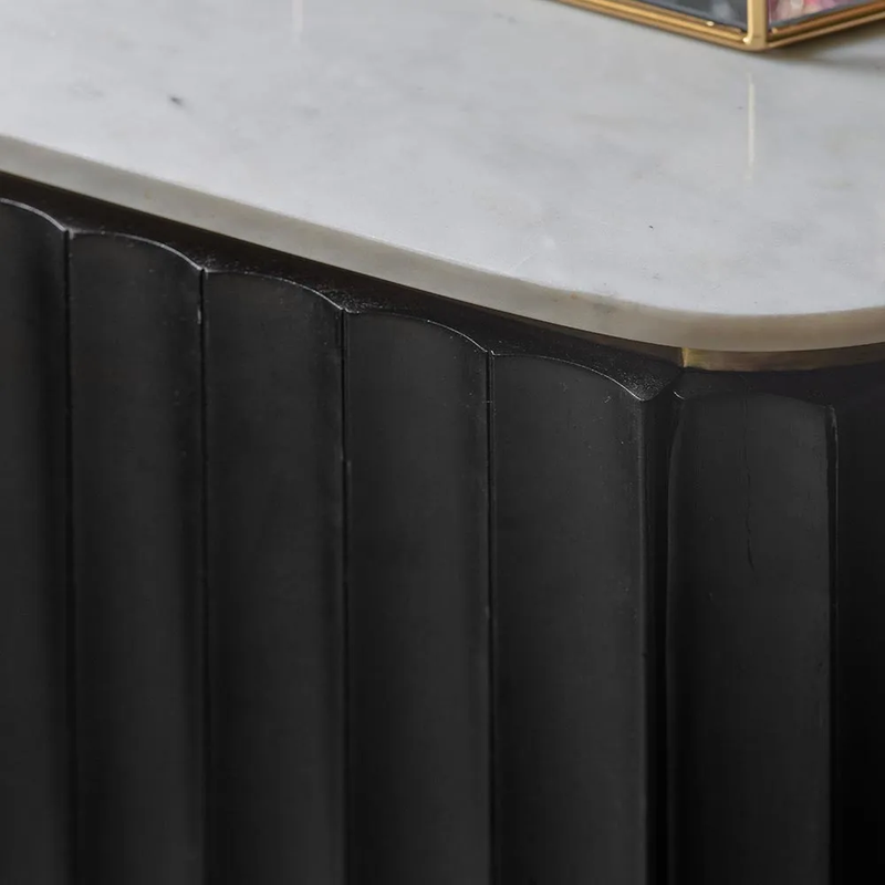 Suryavanshi Solid Wood Modern Bar Cabinet for Living Room | Black Fluted Finish with Golden Accents | Marble Top & Bottle Rack Storage | Pre-Assembled | 95×41×90 cm