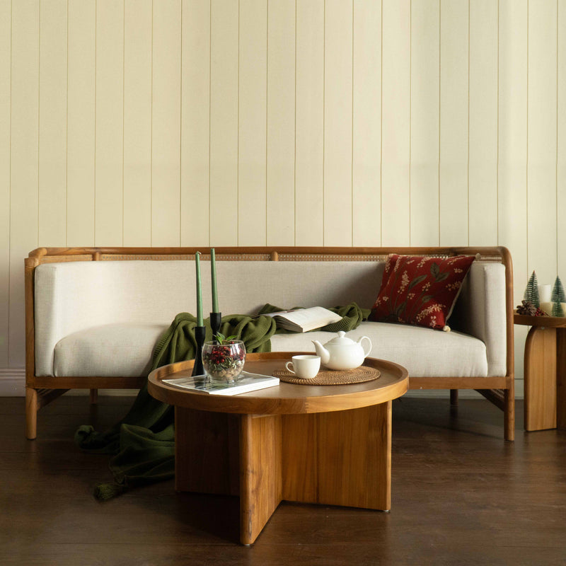 Suryavanshi Solid Acacia Wood Round Coffee Table for Living Room | Natural Finish Center Table with Modern Cross-Leg Base | Handcrafted Wooden Accent Table