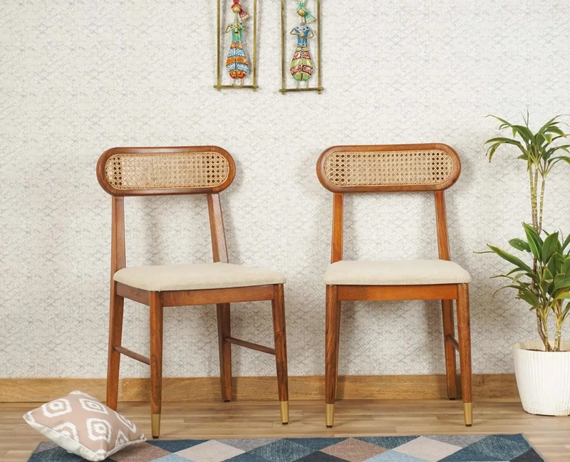 Suryavanshi Sheesham Wood Dining Chair Set of 2 with Cane Backrest & Upholstered Seat – Handmade Solid Wood Chairs with Customizable Fabric Available