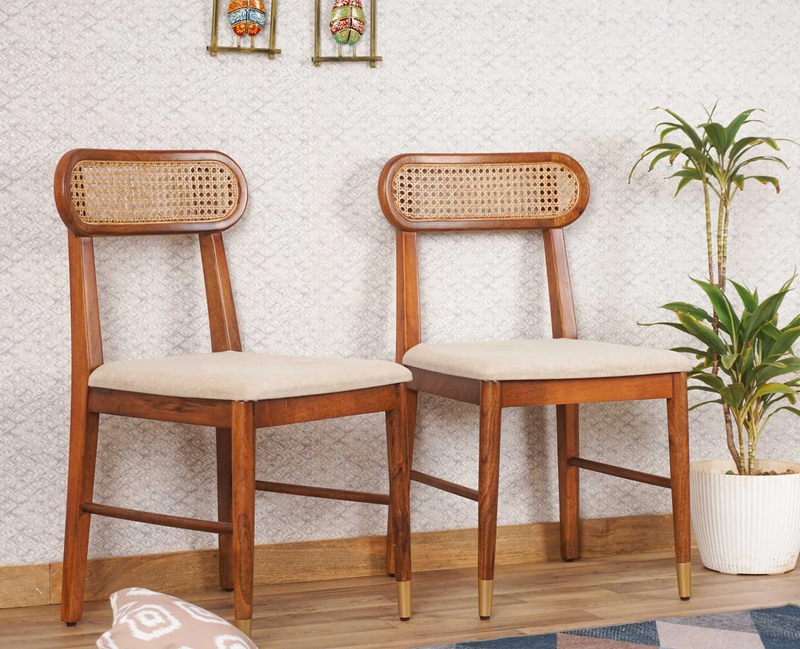 Suryavanshi Sheesham Wood Dining Chair Set of 2 with Cane Backrest & Upholstered Seat – Handmade Solid Wood Chairs with Customizable Fabric Available
