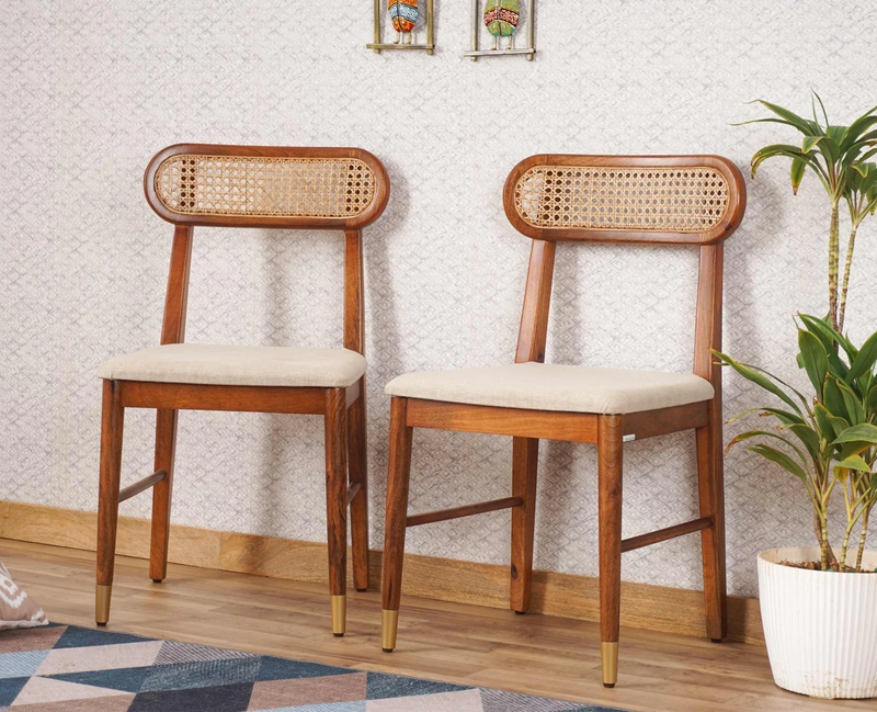 Suryavanshi Sheesham Wood Dining Chair Set of 2 with Cane Backrest & Upholstered Seat – Handmade Solid Wood Chairs with Customizable Fabric Available