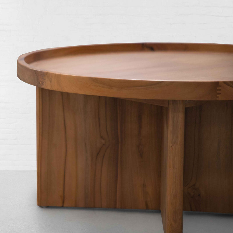 Suryavanshi Solid Acacia Wood Round Coffee Table for Living Room | Natural Finish Center Table with Modern Cross-Leg Base | Handcrafted Wooden Accent Table