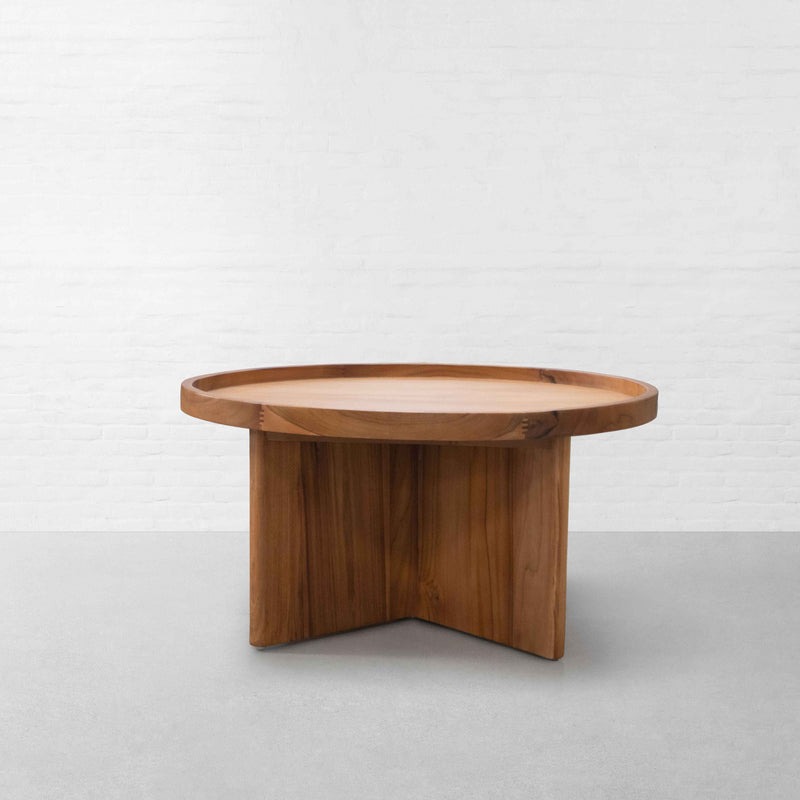 Suryavanshi Solid Acacia Wood Round Coffee Table for Living Room | Natural Finish Center Table with Modern Cross-Leg Base | Handcrafted Wooden Accent Table