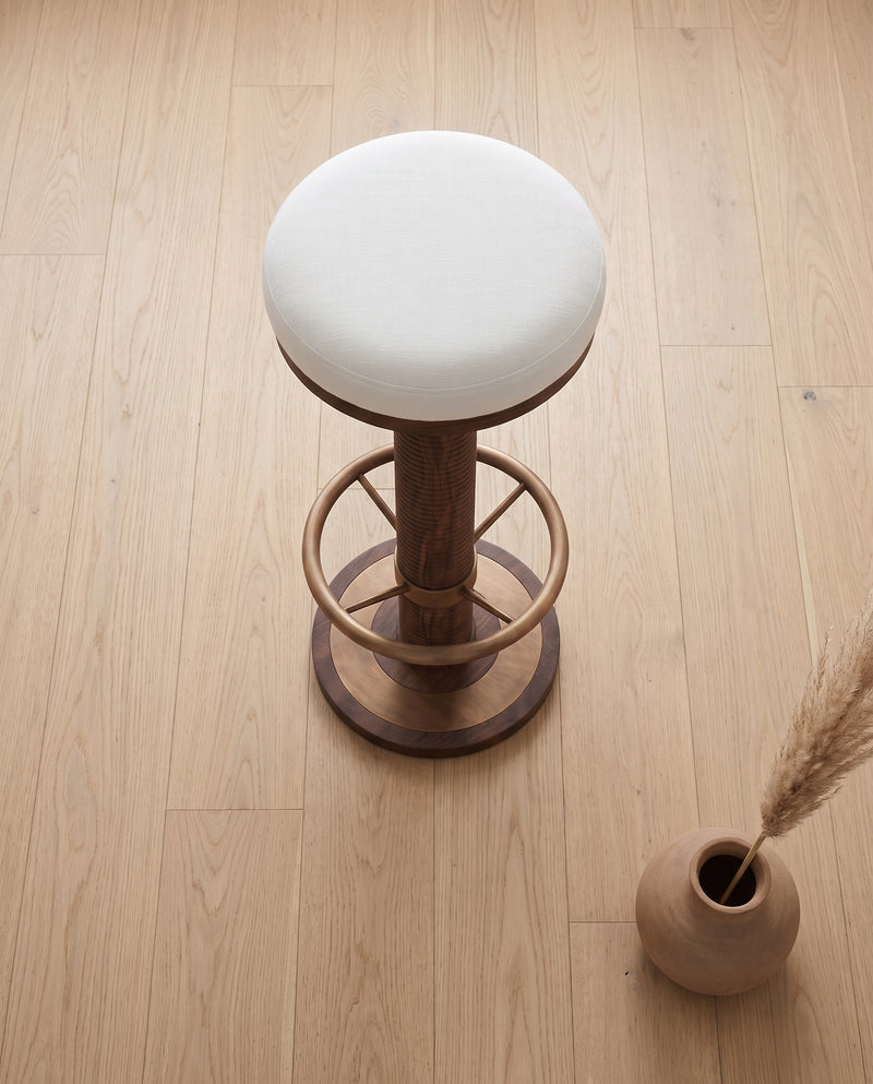 Ellington Modern Solid Wood Swivel Bar Stool with Upholstered Seat & Brass Finish Footrest