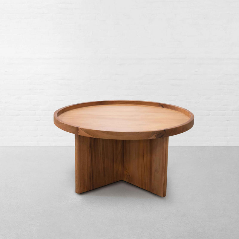 Suryavanshi Solid Acacia Wood Round Coffee Table for Living Room | Natural Finish Center Table with Modern Cross-Leg Base | Handcrafted Wooden Accent Table