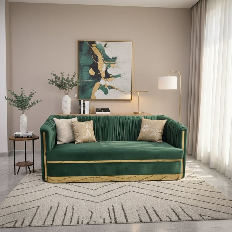 Modern Minimalistic 3-Seater Sofa with Solid Wood Inner Structure Green Velvet with Golden Strips