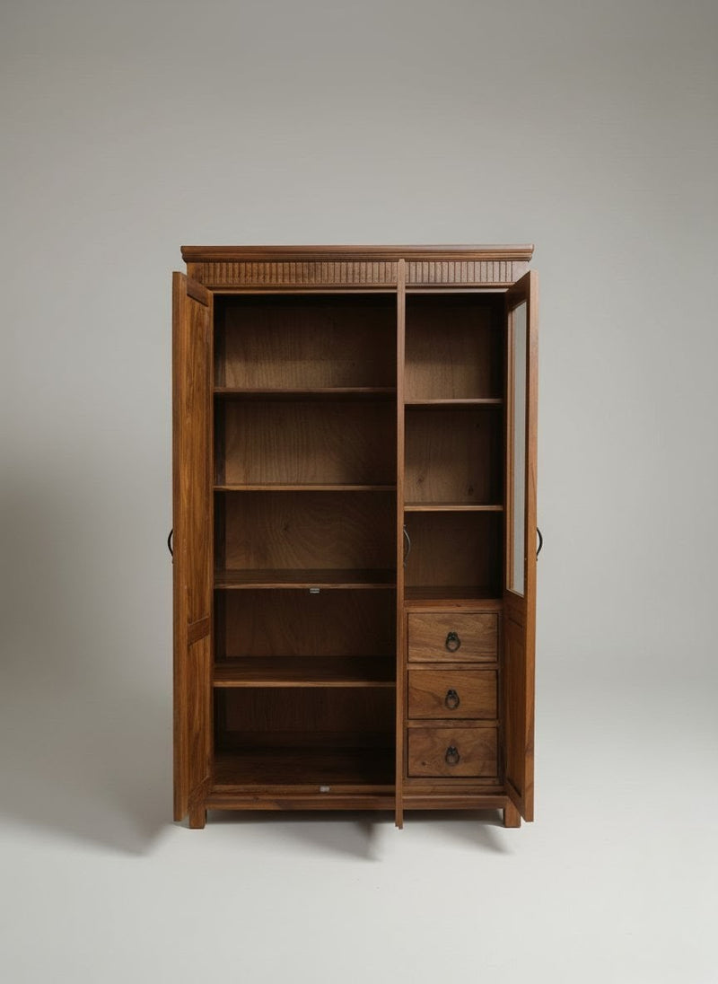 Uniq Sheesham Wood 3 Door Wardrobe with Mirror & Drawers for Bedroom – Natural Honey Finish