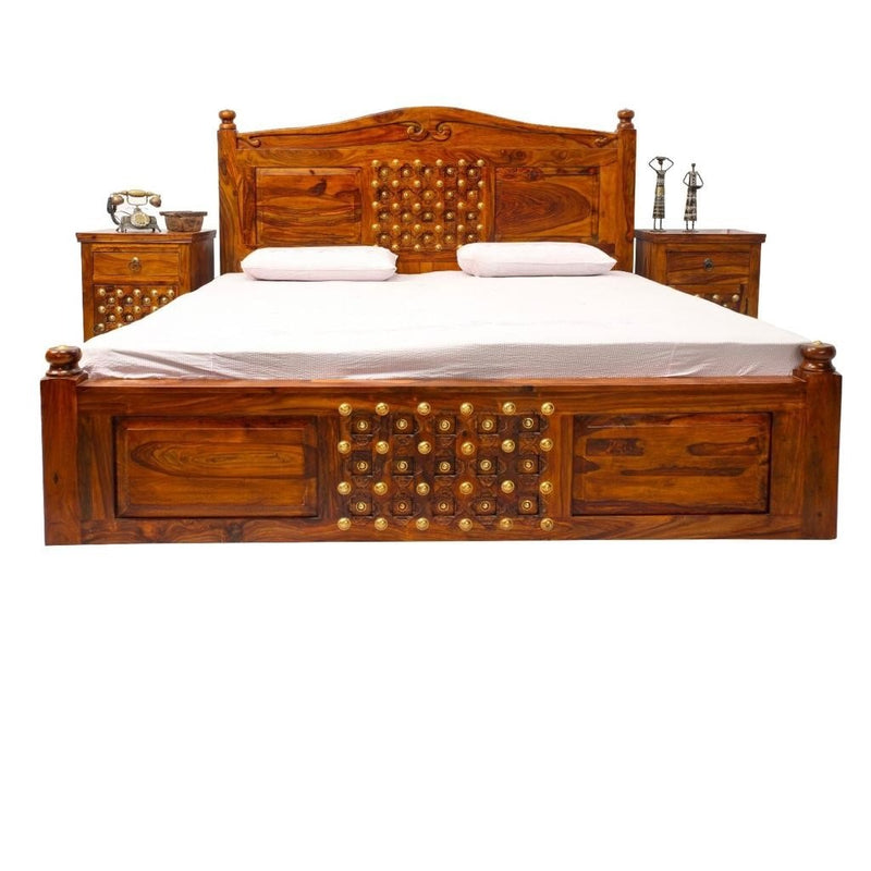 Bakhra Sheesham Wood King Size Bed with Brass Work – Handcrafted Solid Wood Bed - 6*6.5 Foot