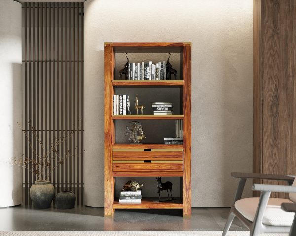 Suryavanshi Mango Wood Bookshelf with Brass Inlay – Elegant Storage and Display (35.5D x 120W x 118H)